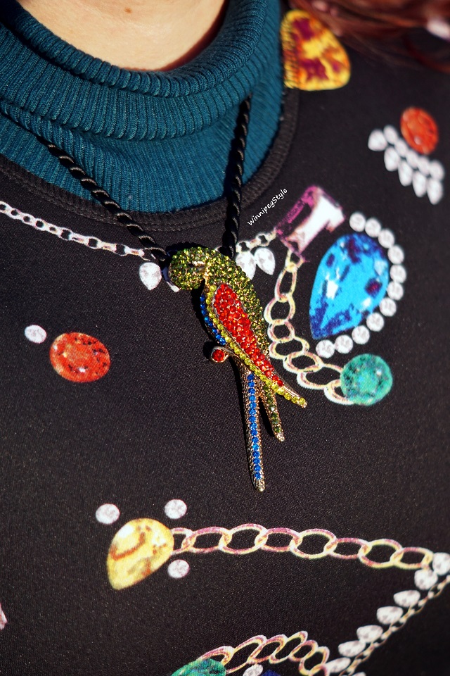 Winnipeg Style fashion blog, Canadian stylist, crystal parrot brooch necklace, H&M jewelry gems print dress, Modern vintage 2018 winter